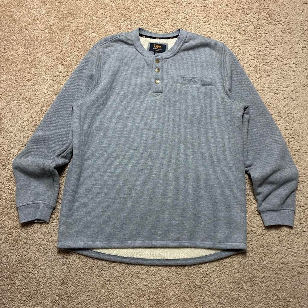 Lee Gray Waffle Knit Snap Pocket Henley Sweater with Fleece Lining Size Large
